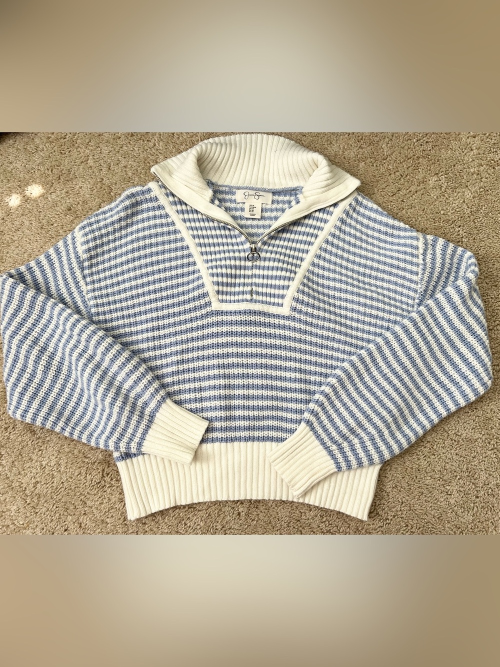 Women’s Medium Blue and White Striped Quarter Zip Knit Nautical Coastal Preppy